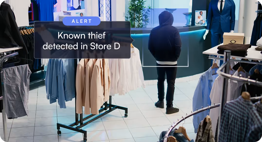 Alert: Known thief detected in Store D, man in black hoodie standing near counter in clothing store.