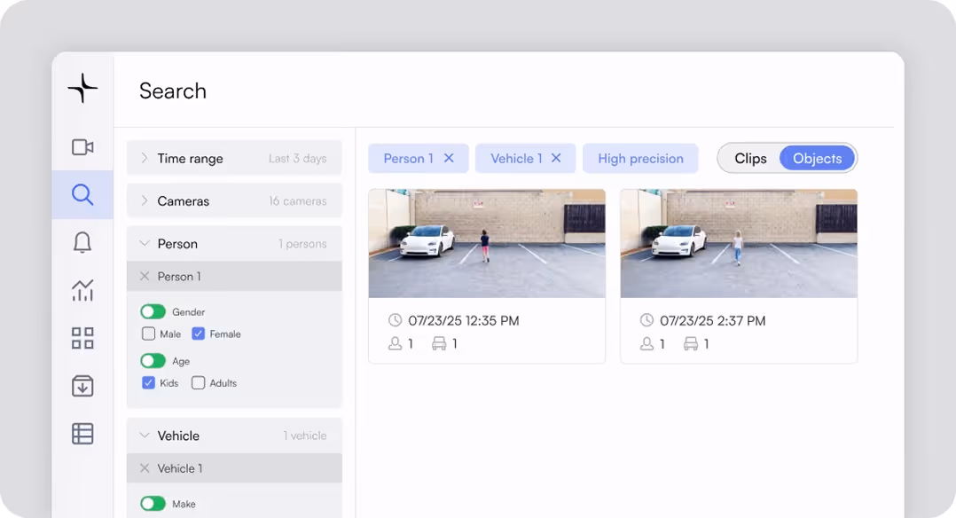 Search screen showing filtered results of person and vehicle objects with timestamps and images in a parking lot.