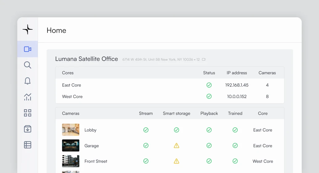 Dashboard of Lumana Satellite Office showing cores, IPs, and camera status for Lobby, Garage, and Front Street.