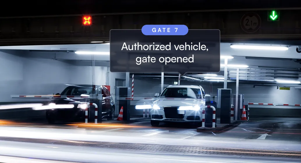 White car with headlights on at open gate 7 in a dimly lit parking garage entrance.