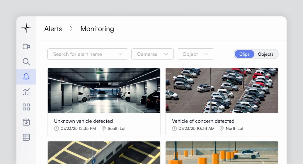 Parking lot video alerts interface showing clips flagged as unknown vehicle and vehicle of concern detected.