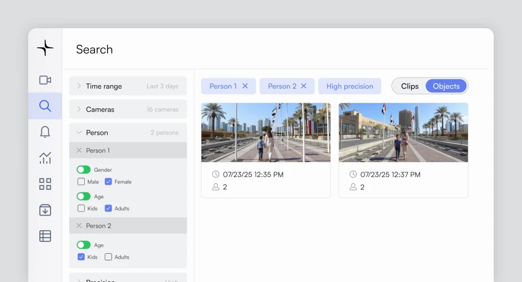 Security search interface showing filtered results with two persons walking outdoors near flags and buildings.