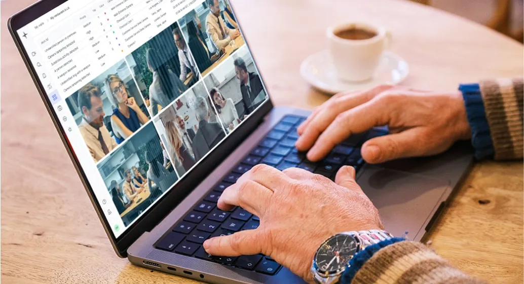 Person typing on laptop showing video call thumbnails of people in different meeting settings.