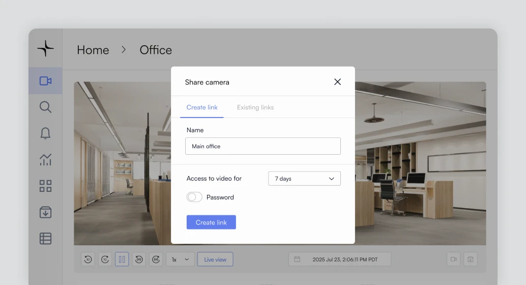 Office security camera interface showing share camera options with link creation and access settings.