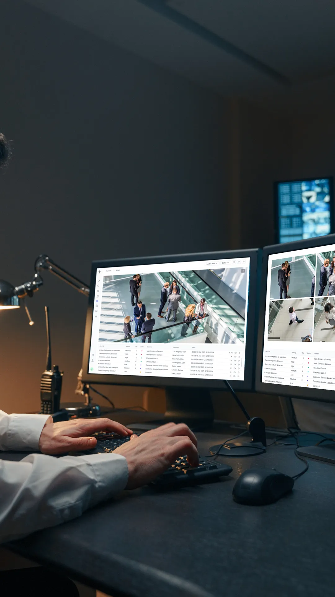 Person monitoring security camera footage of several people on dual computer screens at a workstation.