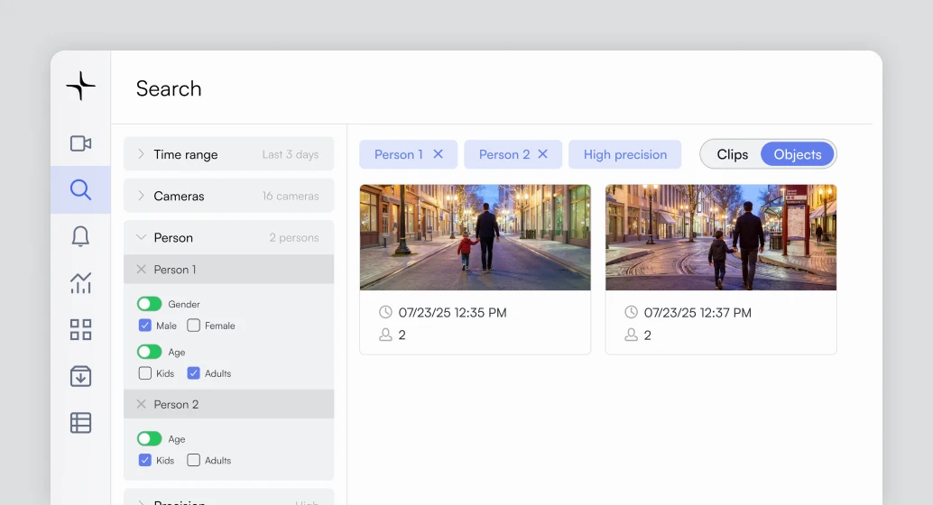 Search interface showing filtered results of two males, an adult and a kid, walking on an urban street.