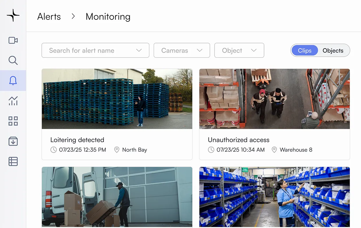 Security alert dashboard showing clips of loitering, unauthorized access, delivery unloading, and warehouse inventory.