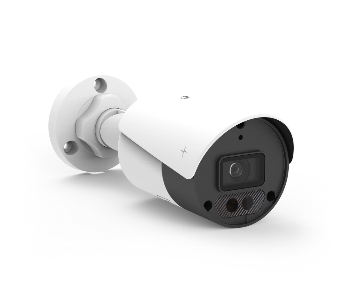 White bullet-style security camera with mounting bracket on a white background.