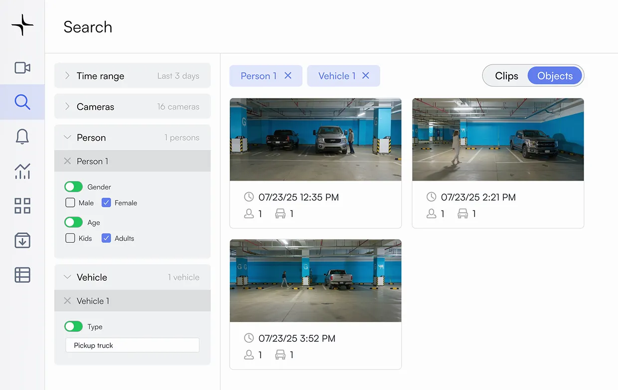 Security camera search interface showing filtered results of a female adult and pickup truck in parking garage.