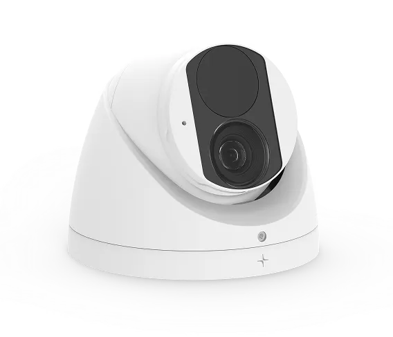 White dome-shaped security camera with a black lens on a white background.