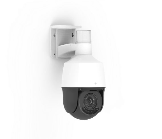 White and black wall-mounted PTZ security camera with infrared LEDs around the lens.
