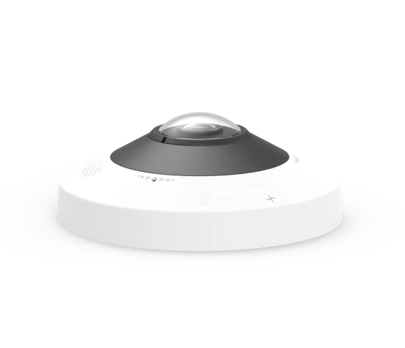 Modern white and gray ceiling-mounted 360-degree panoramic security camera.