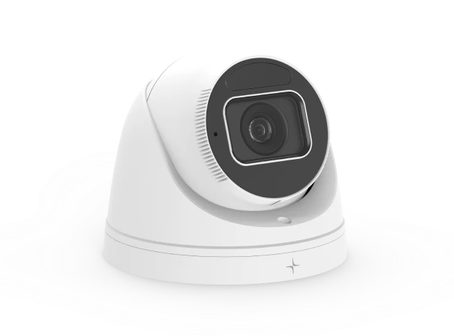White dome-shaped security camera with a black lens area on a white background.