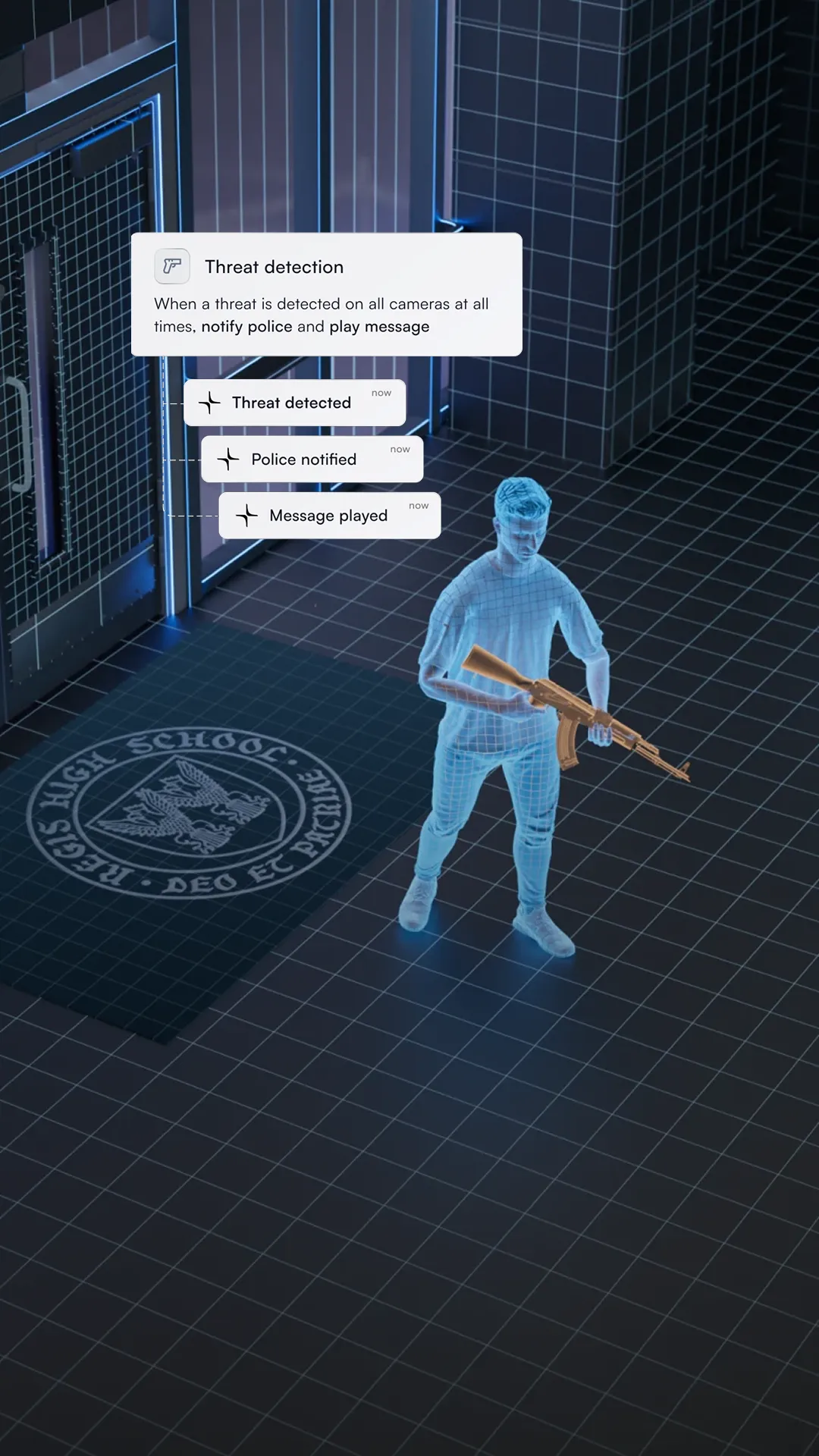 3D digital figure holding a rifle near school entrance with threat detection alerts displayed.