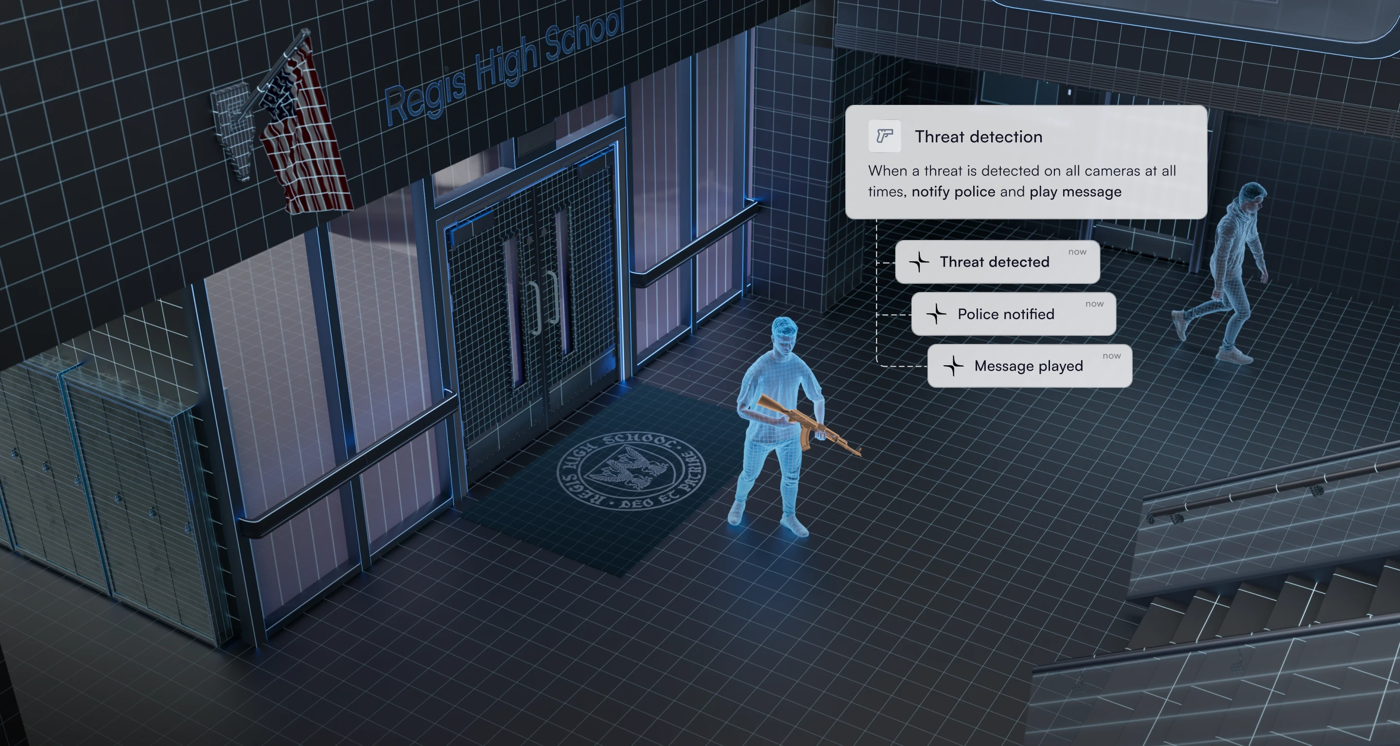Digital image of armed intruder in Regis High School foyer with threat detection notifications