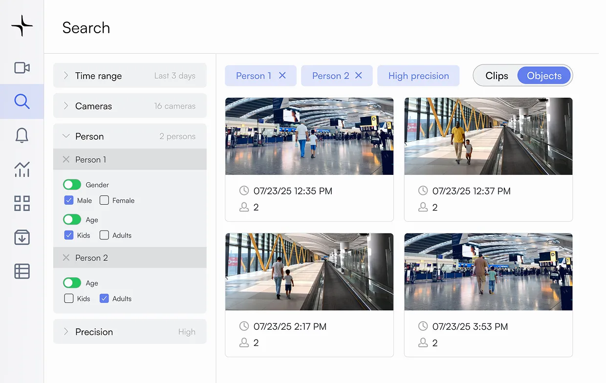 Security footage search interface showing filtered results of two males, one adult and one kid, at an airport.