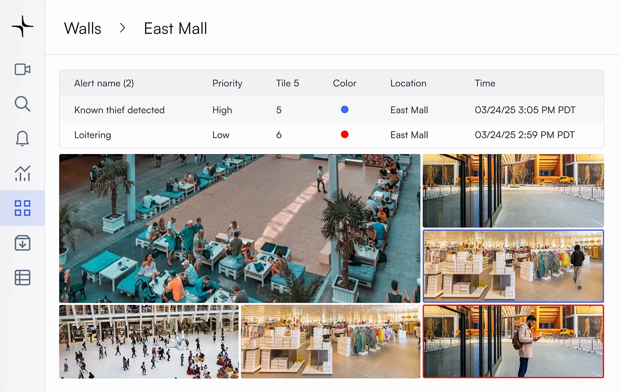 Security alerts for East Mall with photos showing crowded seating, shoppers, and a man outside.