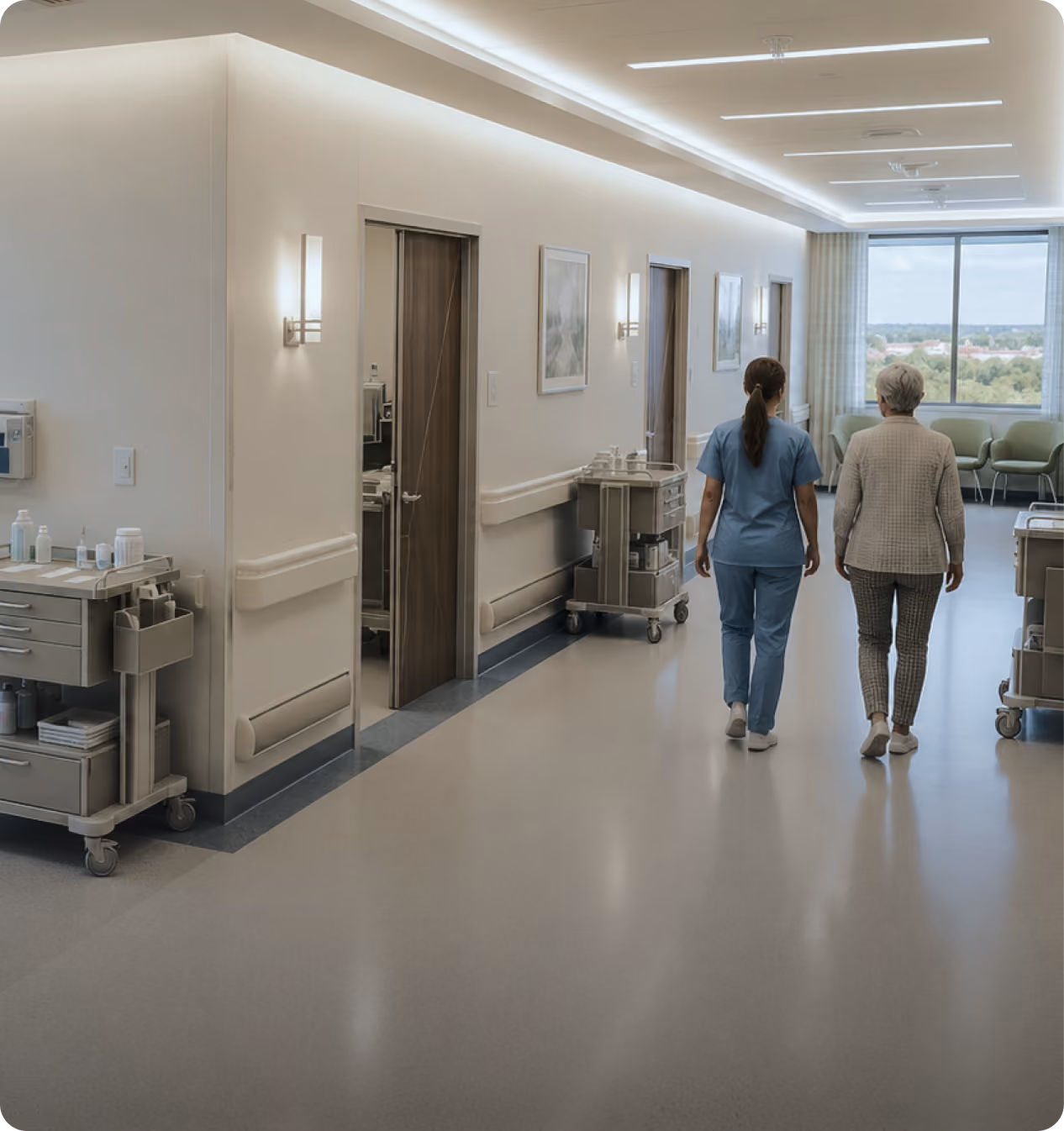 Two people walking down a hospital corridor with Lumana AI detection boxes tracking them