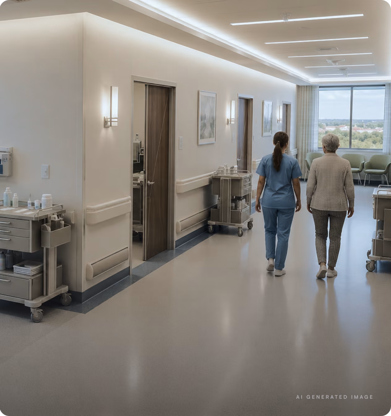 Two people walking down a hospital corridor with Lumana AI detection boxes tracking them