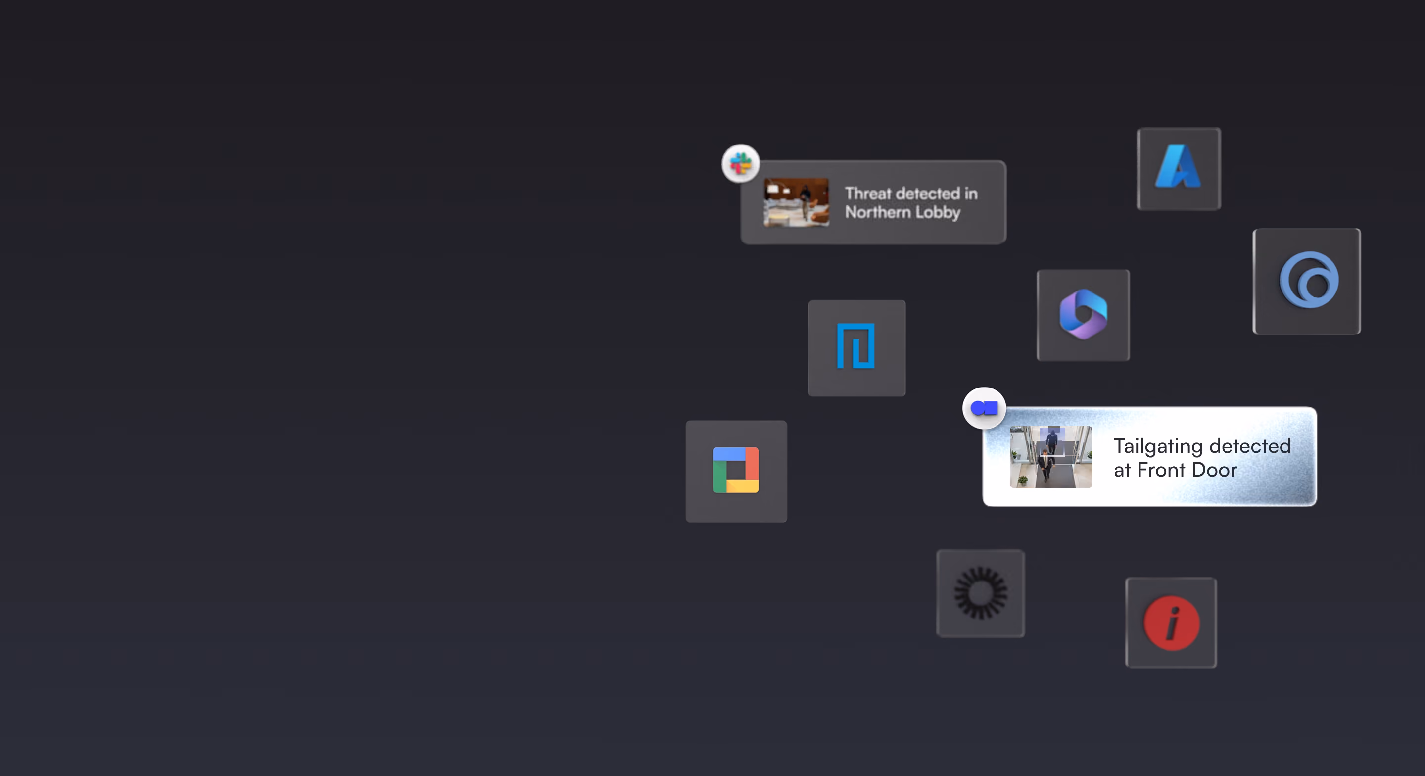 Lumana integration logos and AI alert cards for Slack, Azure, Brivo and other partners