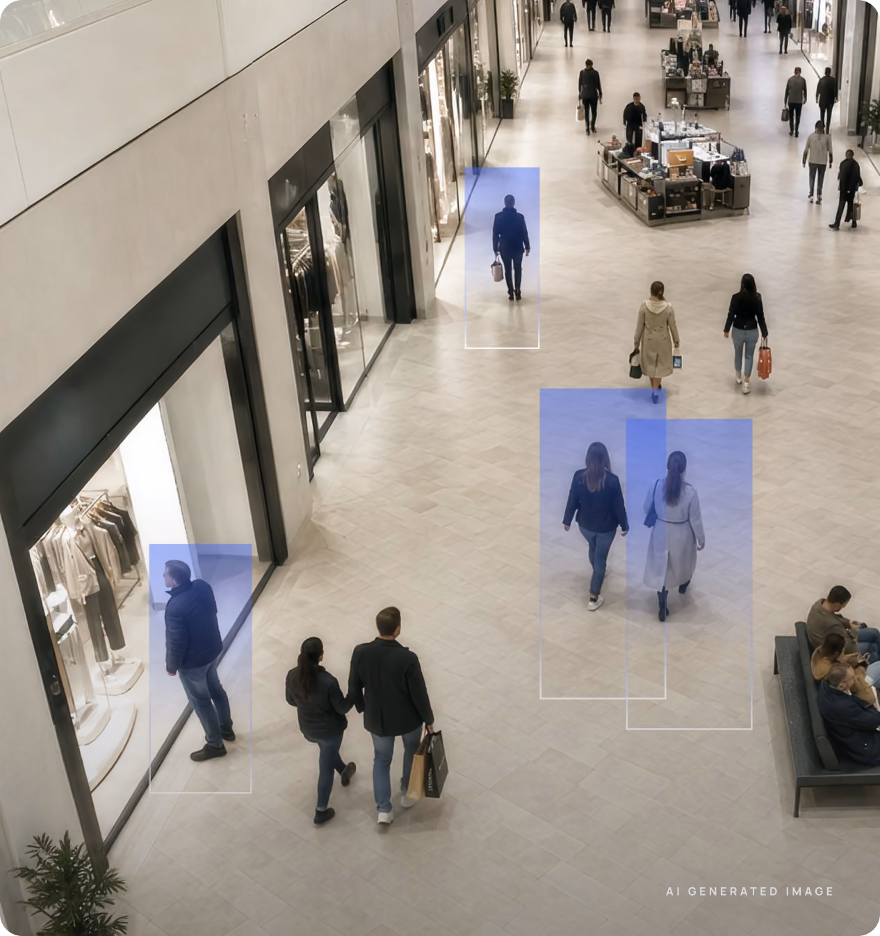 Overhead view of a shopping mall walkway with AI bounding boxes highlighting detected shoppers