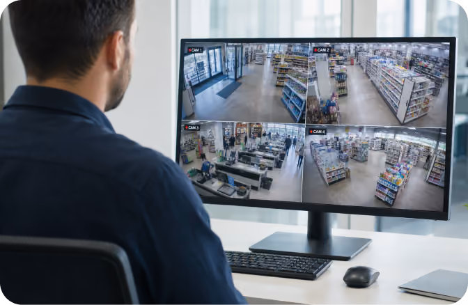 Operator reviewing live retail camera feeds on a desktop monitor