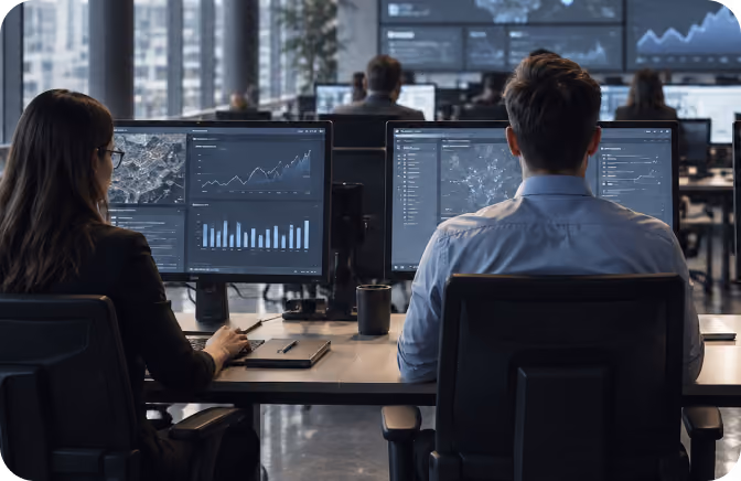 Security operators monitoring video analytics dashboards in a control room