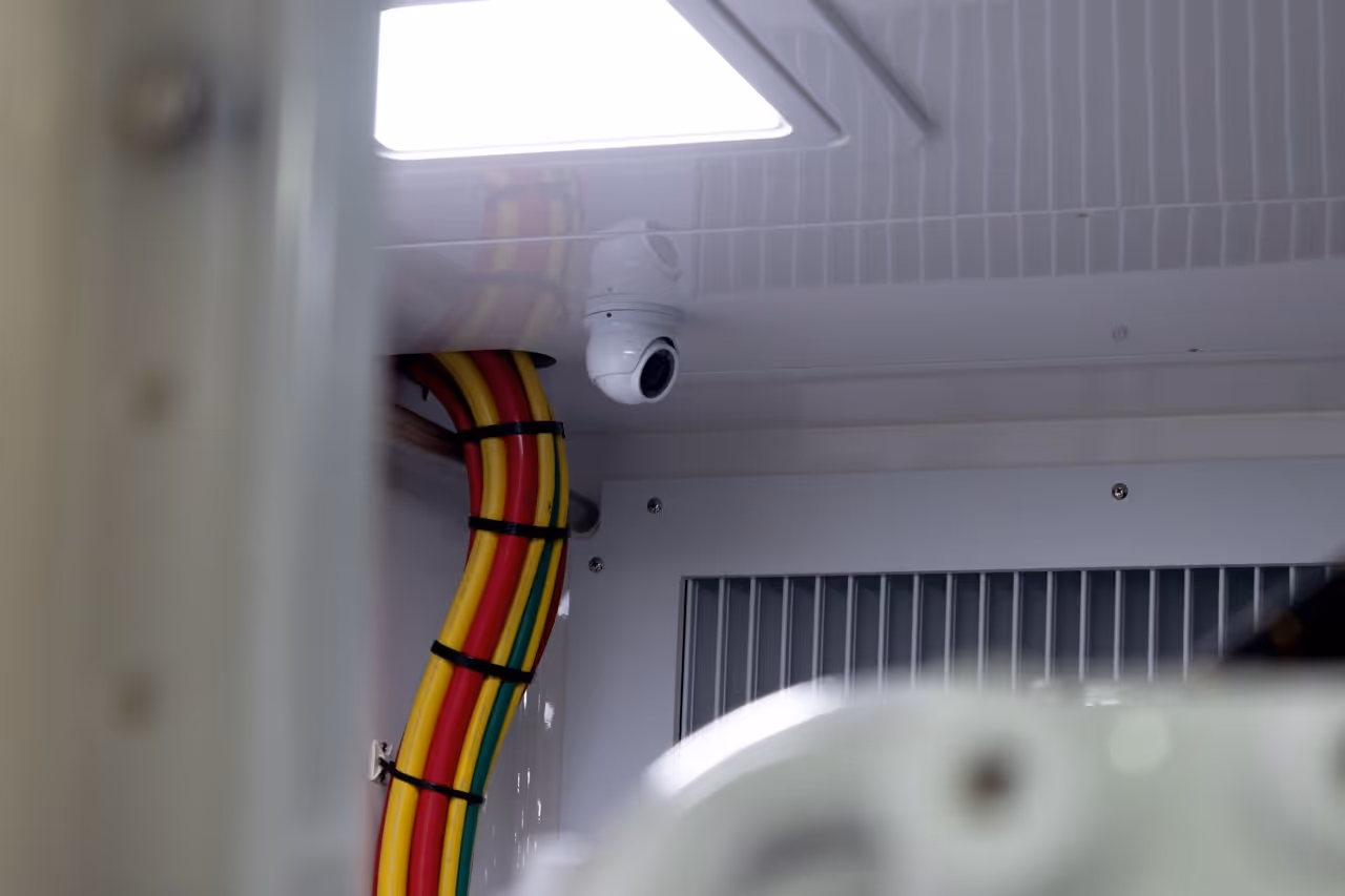 White security camera installed on a ceiling next to organized yellow, red, and green cables inside an equipment room.