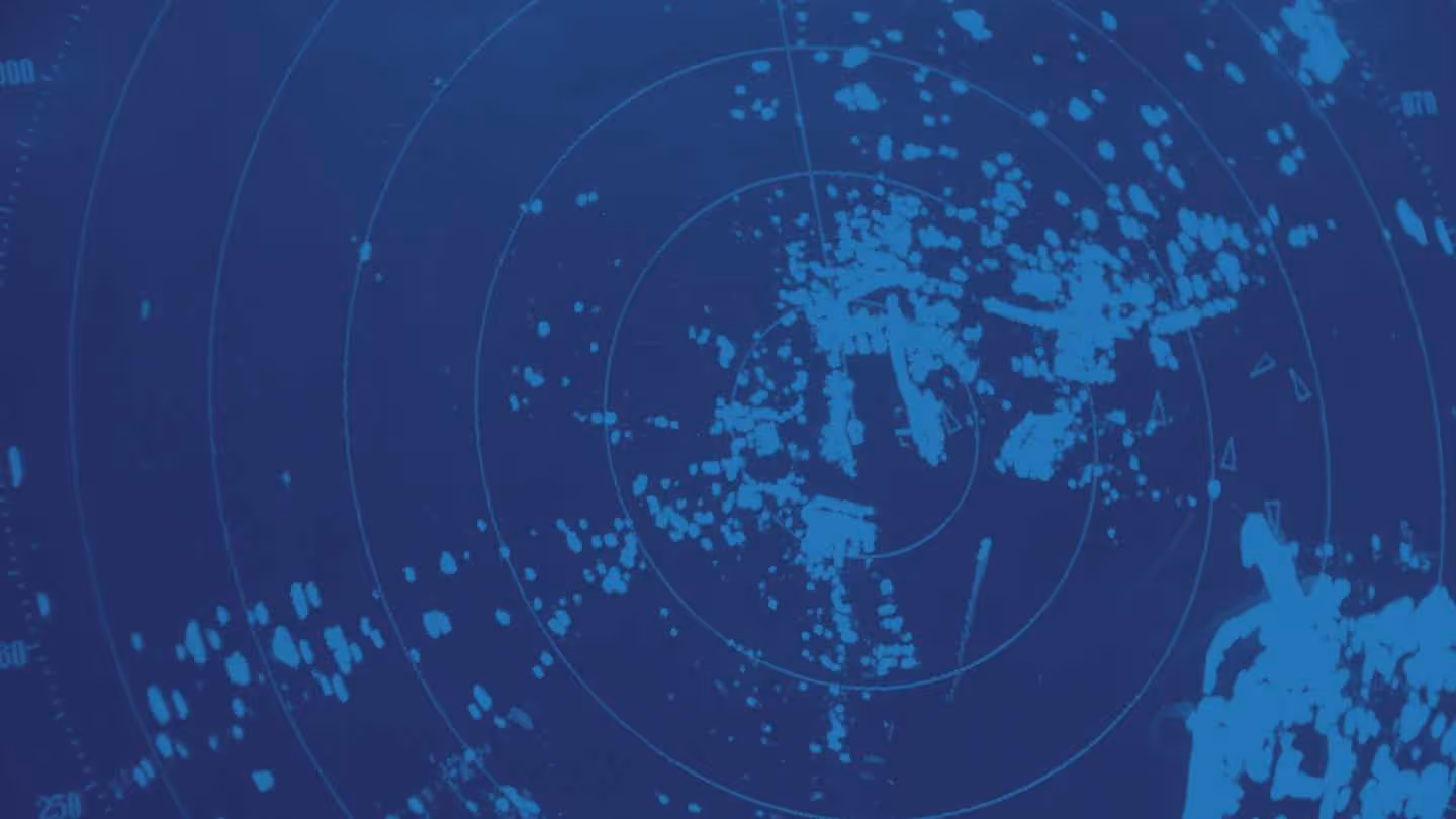 Blue radar screen showing circular grid lines and scattered blips indicating detected objects.