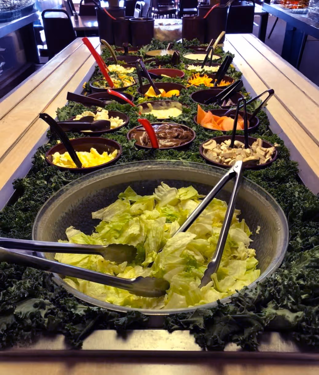A salad bar with various toppings and greens. Large bowl of lettuce in front, smaller bowls of vegetables, cheese, and dressings arranged behind.