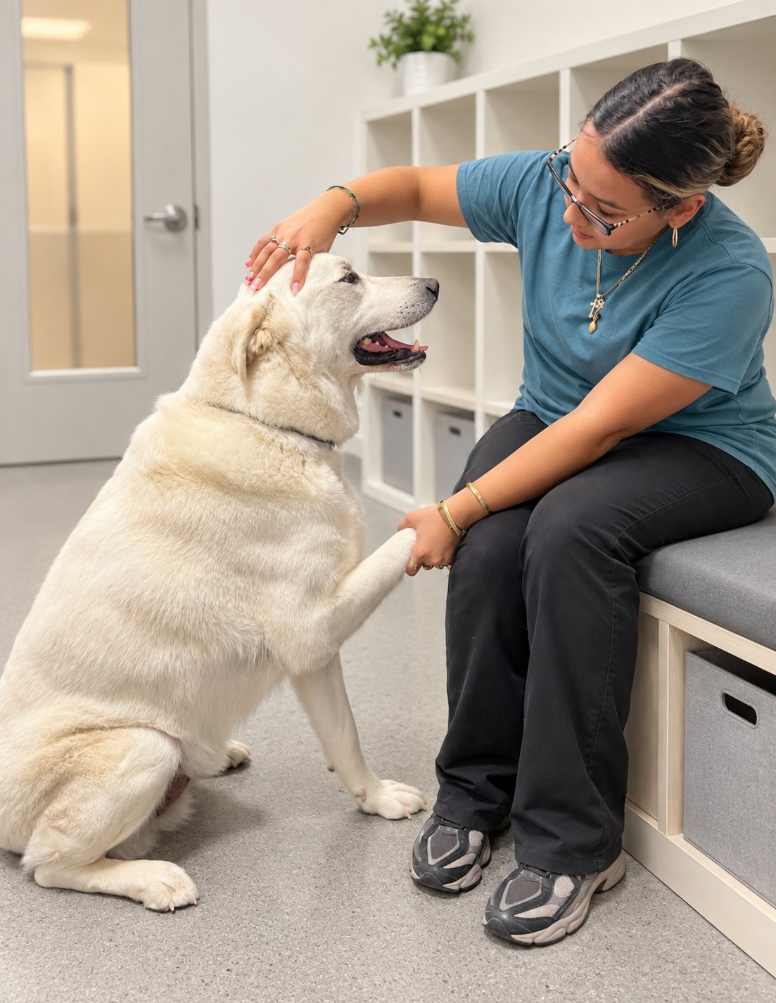 Staff member giving a boarding dog individual attention