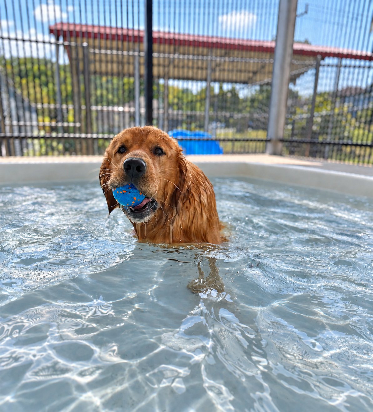 Boarding dog enjoying private pool time at Pet Resorts of America