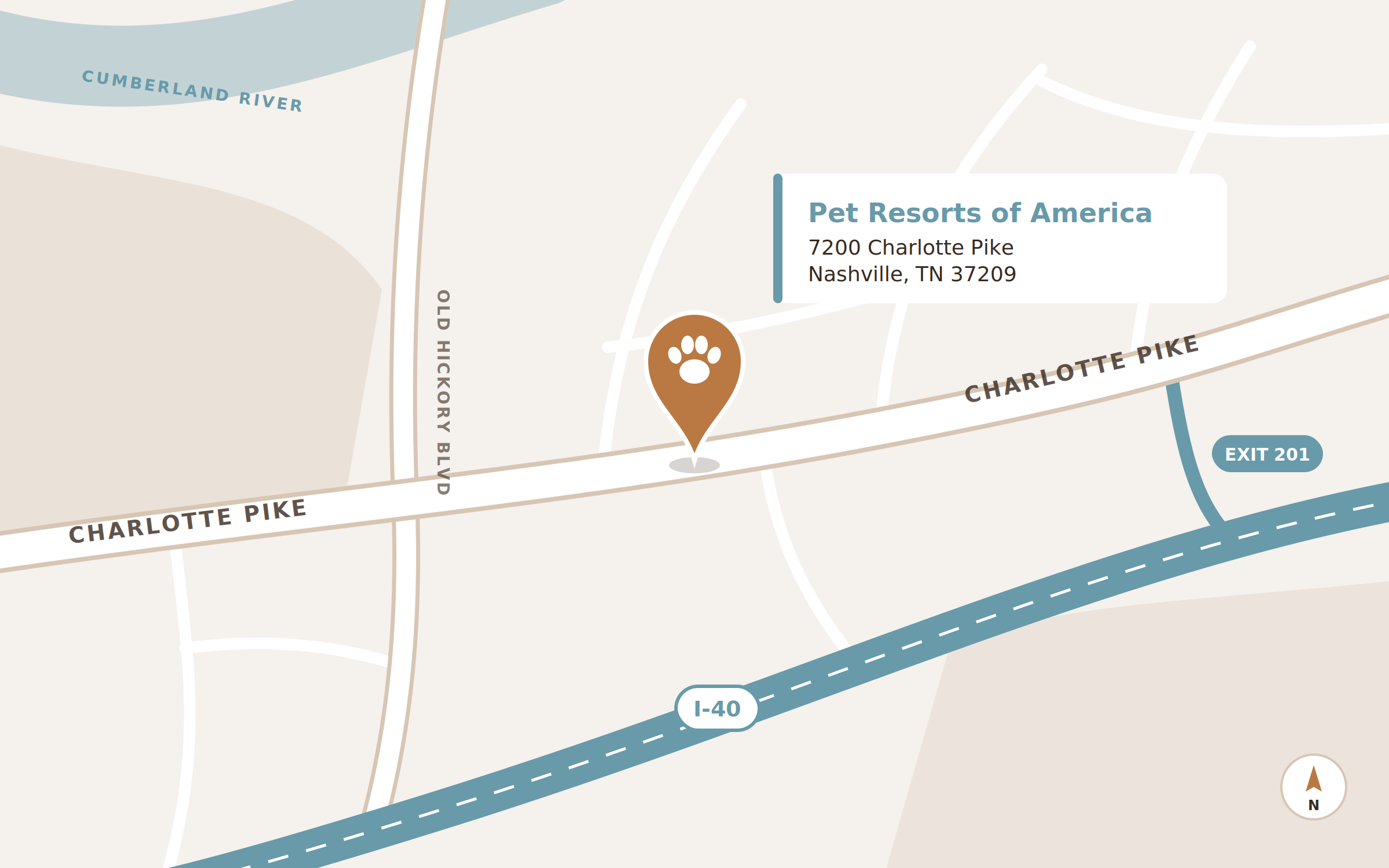 Map showing Pet Resorts of America at 7200 Charlotte Pike, Nashville, just off I-40 exit 201