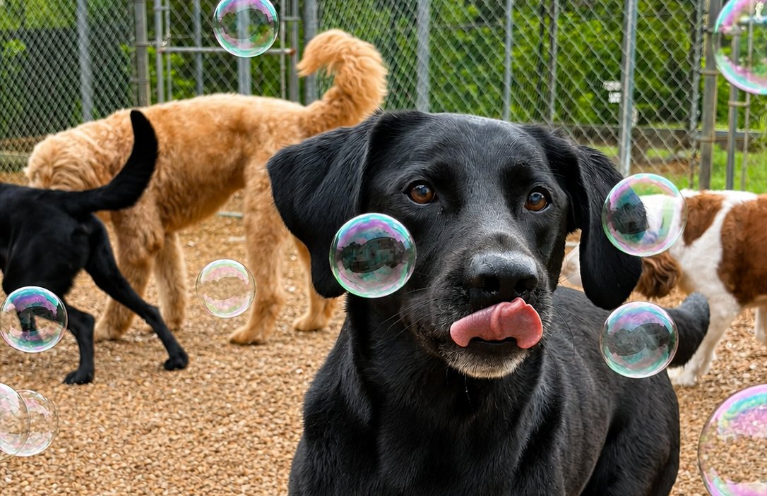 Dogs chasing bubbles in the play yard at Pet Resorts of America