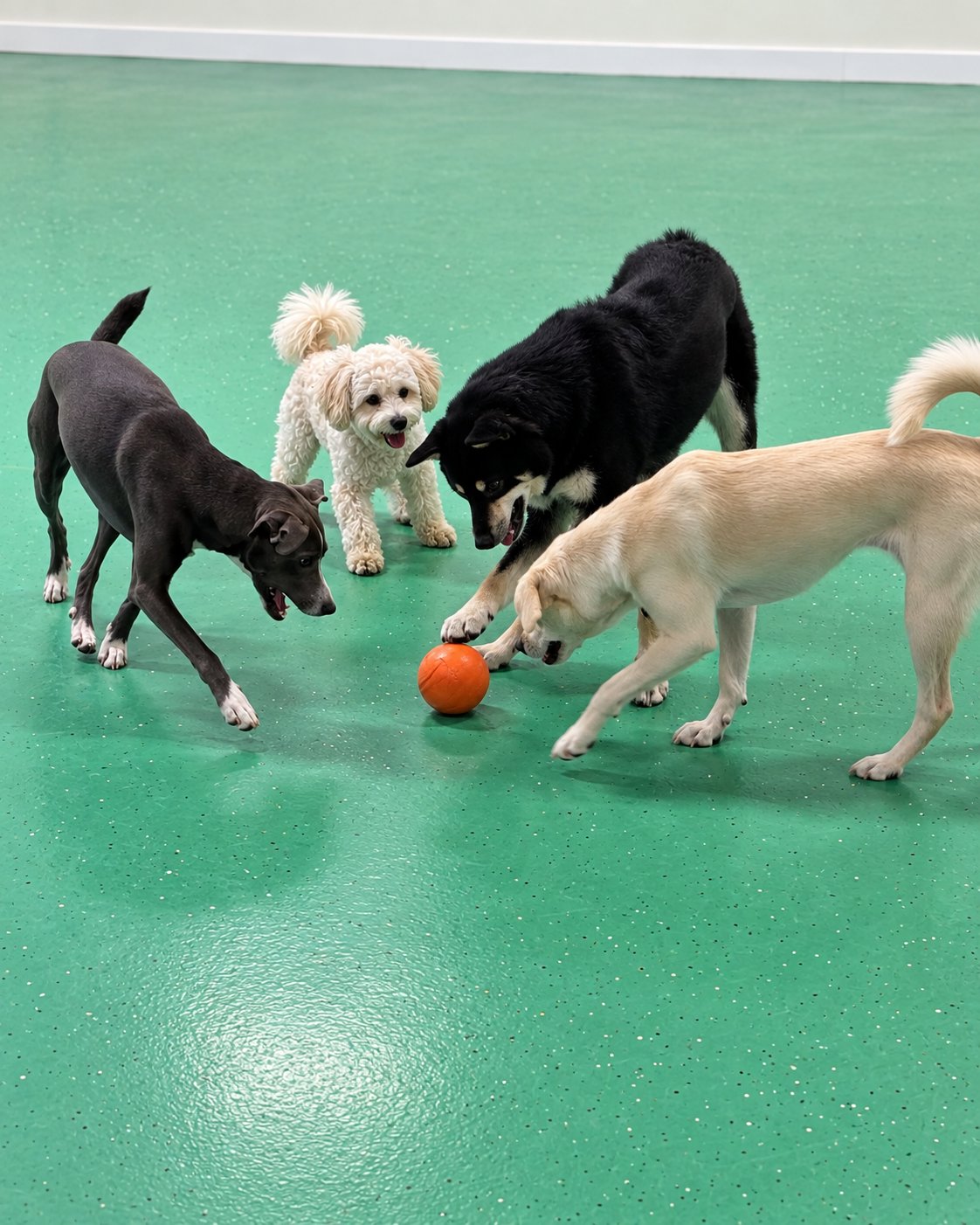 Dogs running in the outdoor camp area at Pet Resorts of America
