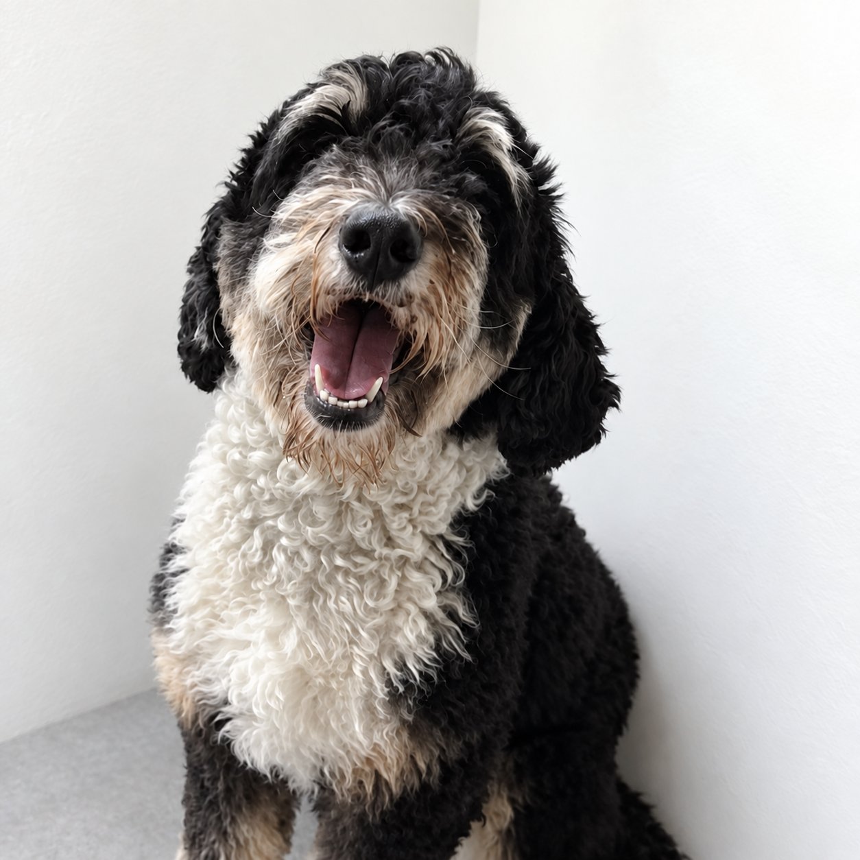 Happy bernedoodle sitting in a private suite at Pet Resorts of America
