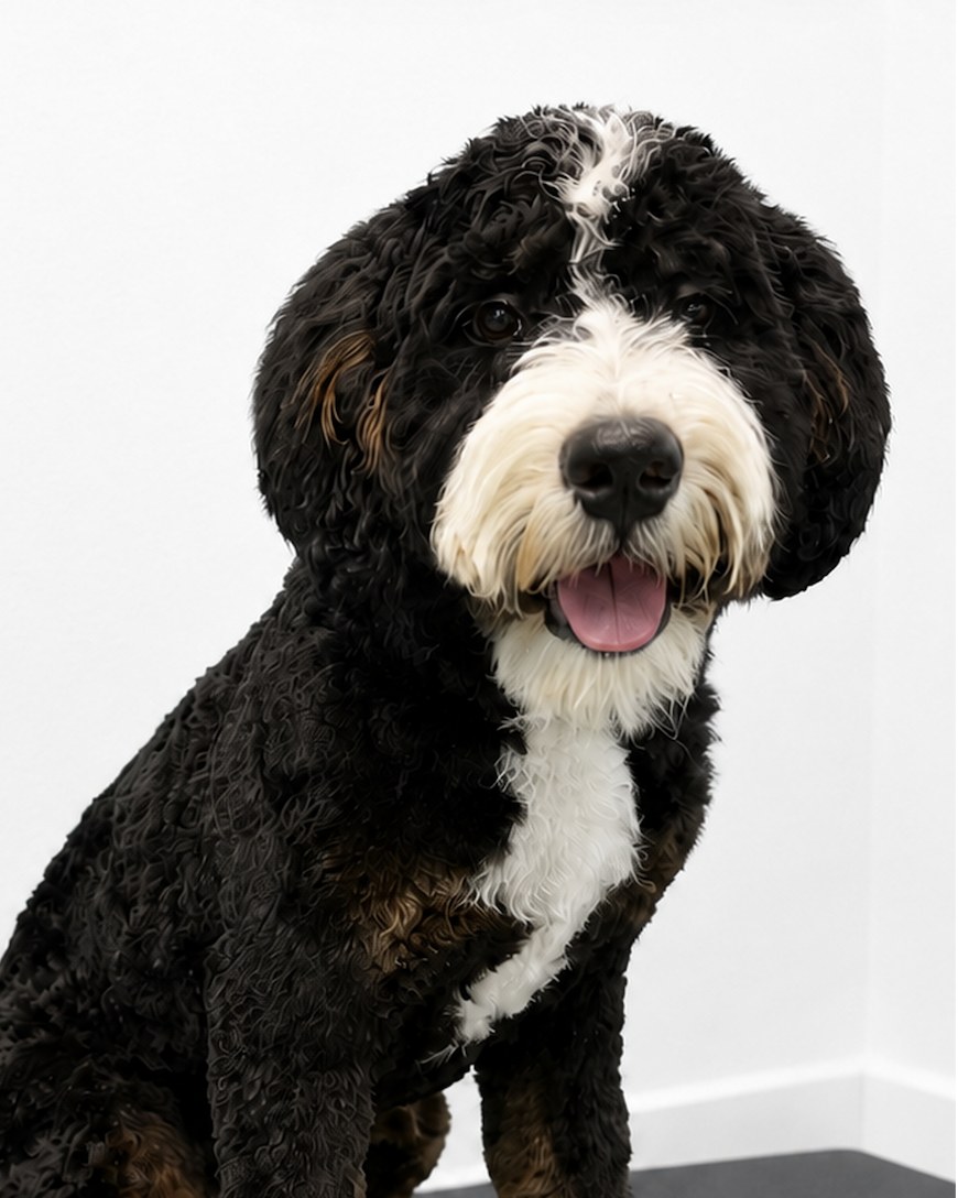 Freshly groomed black, white, and tan doodle after a full groom at Pet Resorts of America in West Nashville