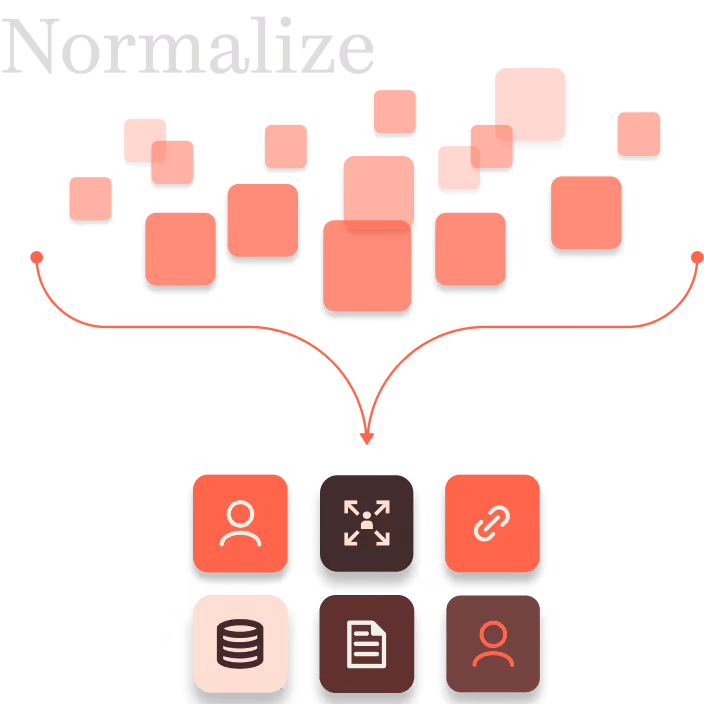 "Normalize" diagram: a cluster of uneven colored squares converging into six standardized icon tiles (person, expand, link, database, document, profile).
