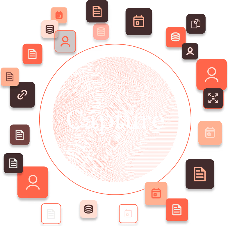 "Capture" diagram: a ring of scattered document, database, and profile icons in varied colors surrounding a circular texture graphic.
