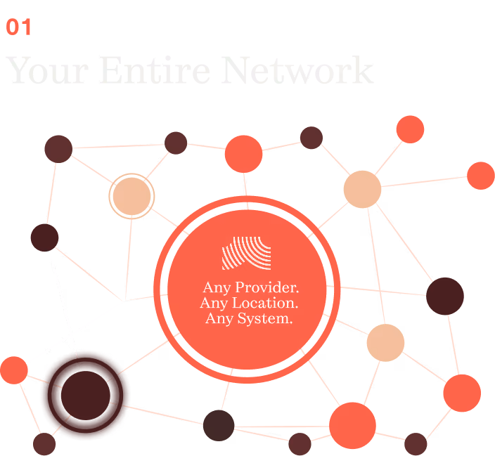 "01 Your Entire Network" diagram: a connected network map of provider nodes converging on a central circle labeled "Any Provider. Any Location. Any System."