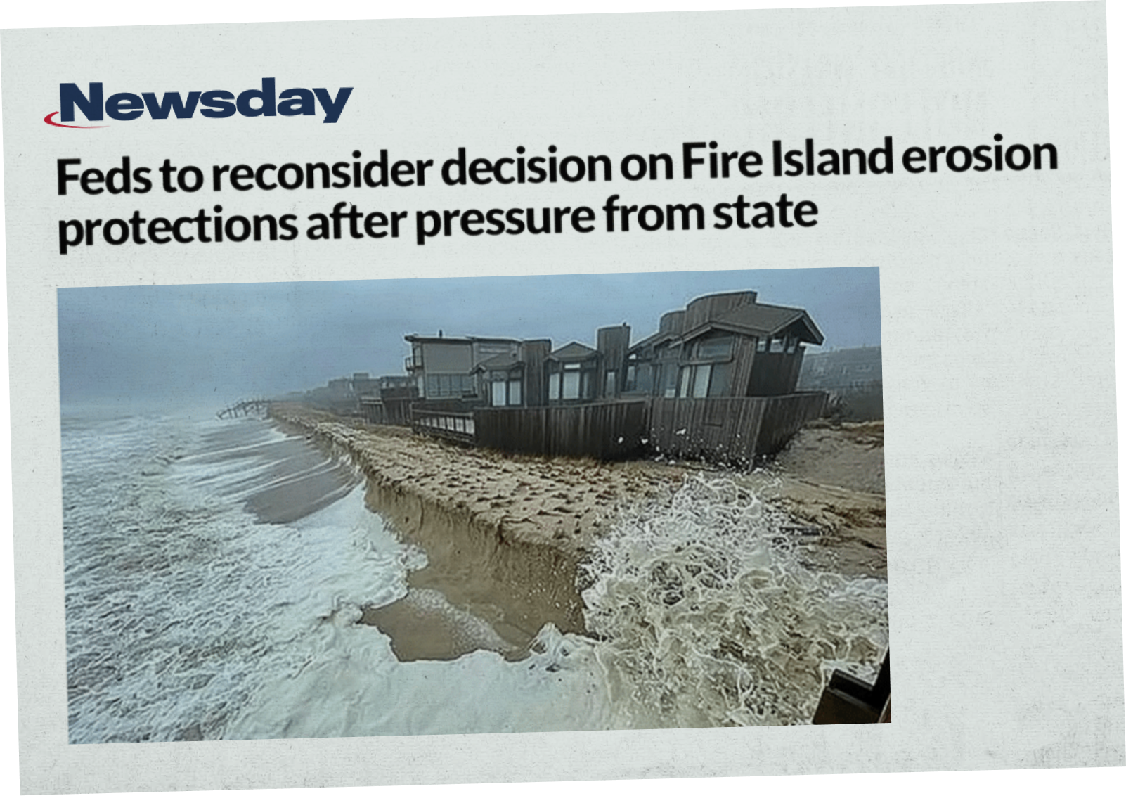 Press clipping from Newsday: "Feds to reconsider decision on Fire Island erosion protections after pressure from state"