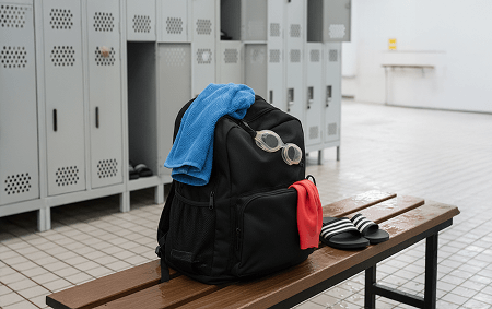 Black backpack with blue and red towels and swim goggles on a wooden bench in a locker room with lockers and black slide sandals.