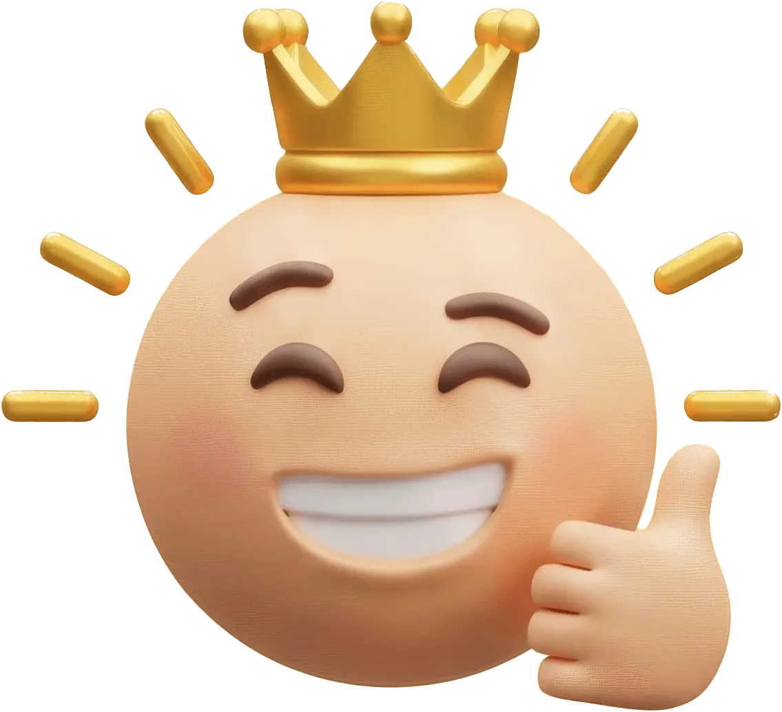 Smiling emoji with closed eyes wearing a gold crown and giving a thumbs-up.
