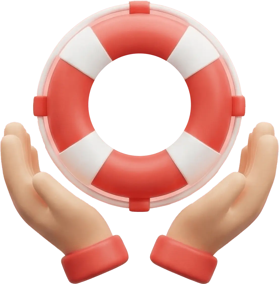 Two open hands holding a red and white lifebuoy.