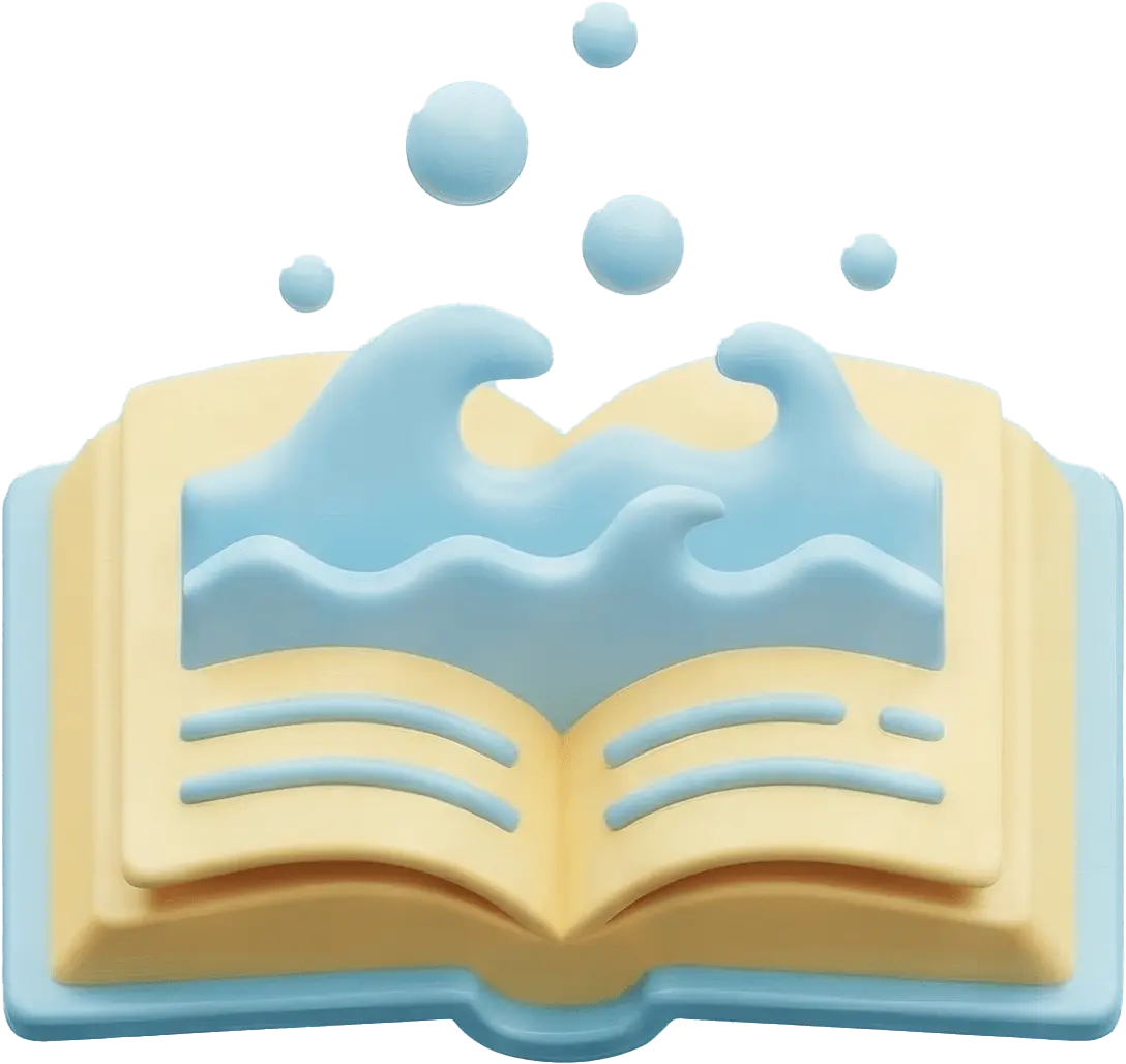 Open book with blue waves and water droplets rising from the pages.