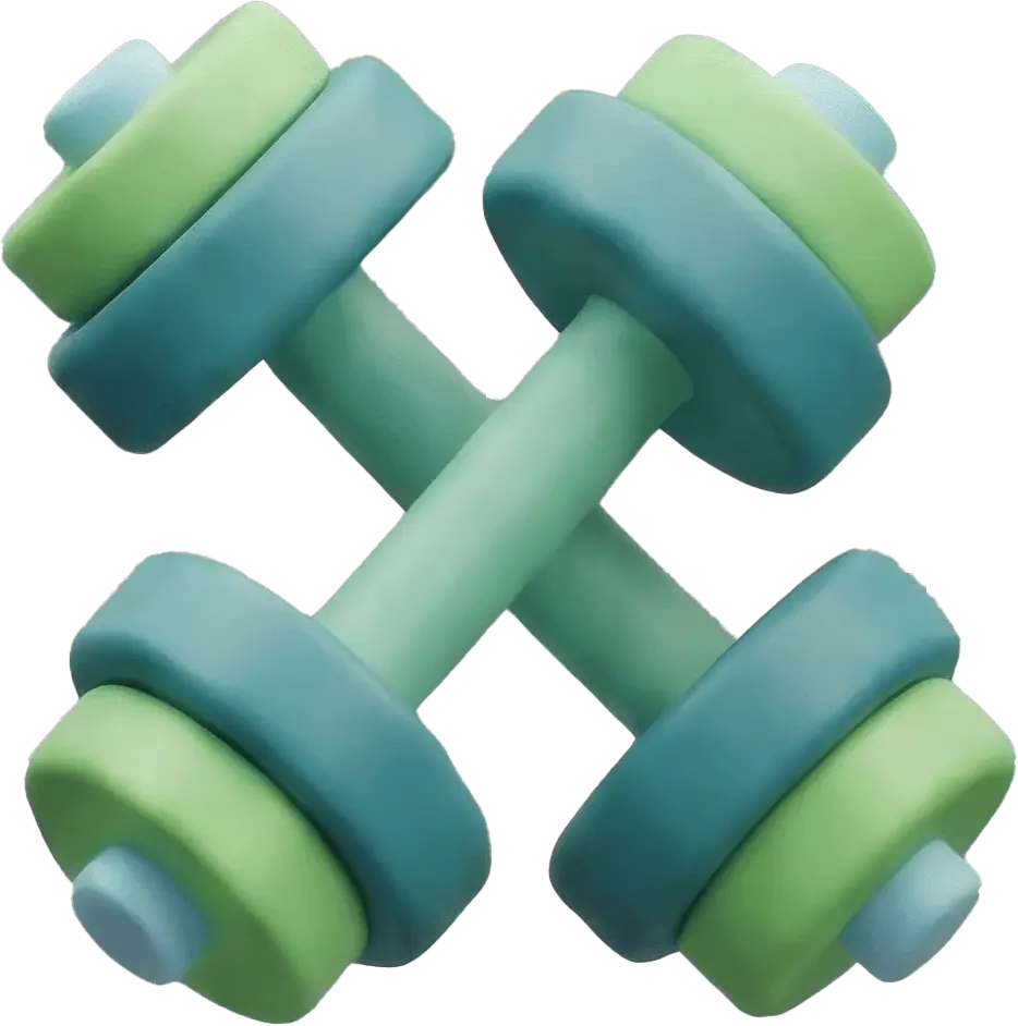 Two crossed dumbbells with green and blue weight plates on a black background.
