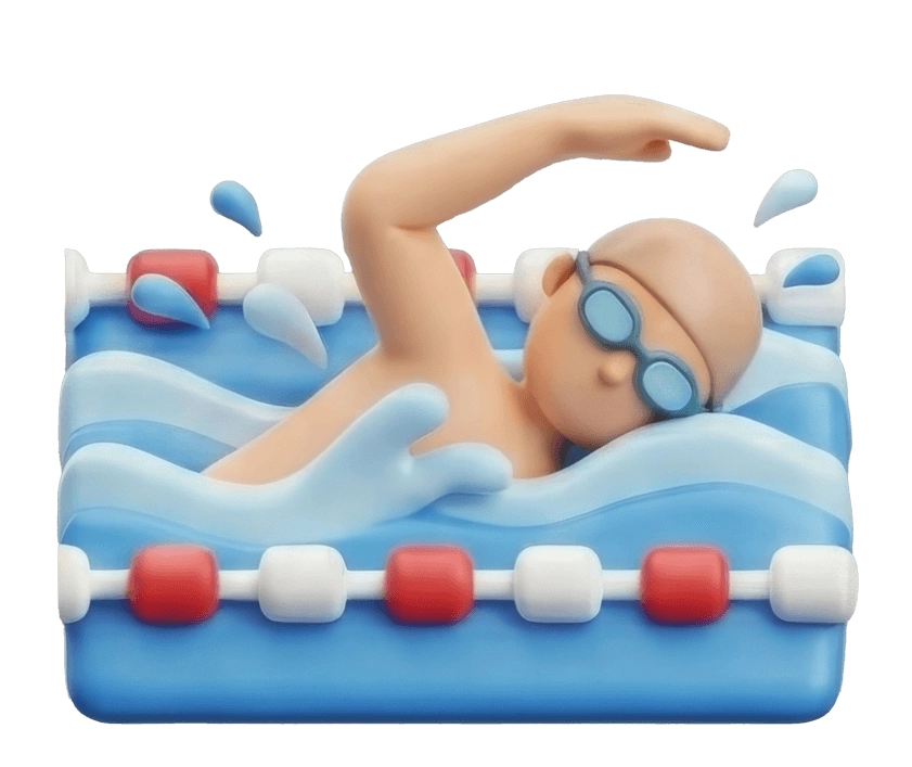 Cartoon figure swimming freestyle in a pool with lane dividers and splashing water.