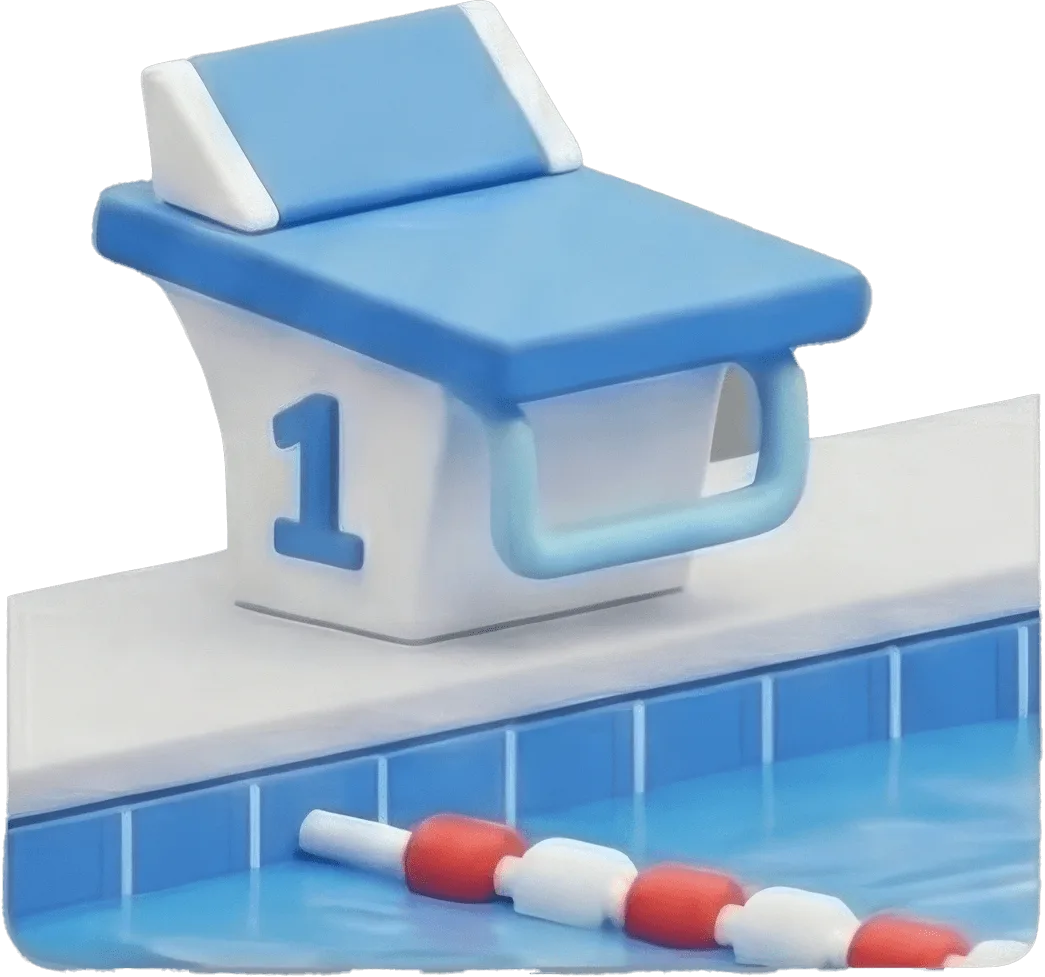 Blue and white swimming starting block numbered 1 at the edge of a pool with a lane divider in the water.