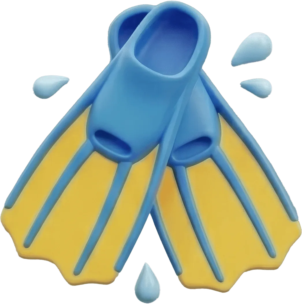 Pair of blue and yellow swim fins with water droplets around them.