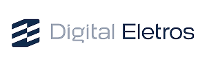 Logotipo da empresa Digital Eletros com símbolo composto por três linhas horizontais curvas ao lado esquerdo.